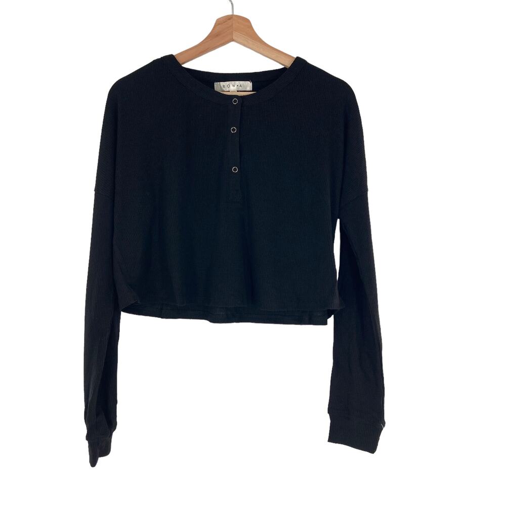 Row A Nordstrom Henley Waffle Crop Button Long Sleeve in Black Large